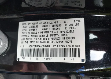 2010 Honda Accord 3.5 Ex-L from USA, damaged, VIN 1HGCP3F80AA006286